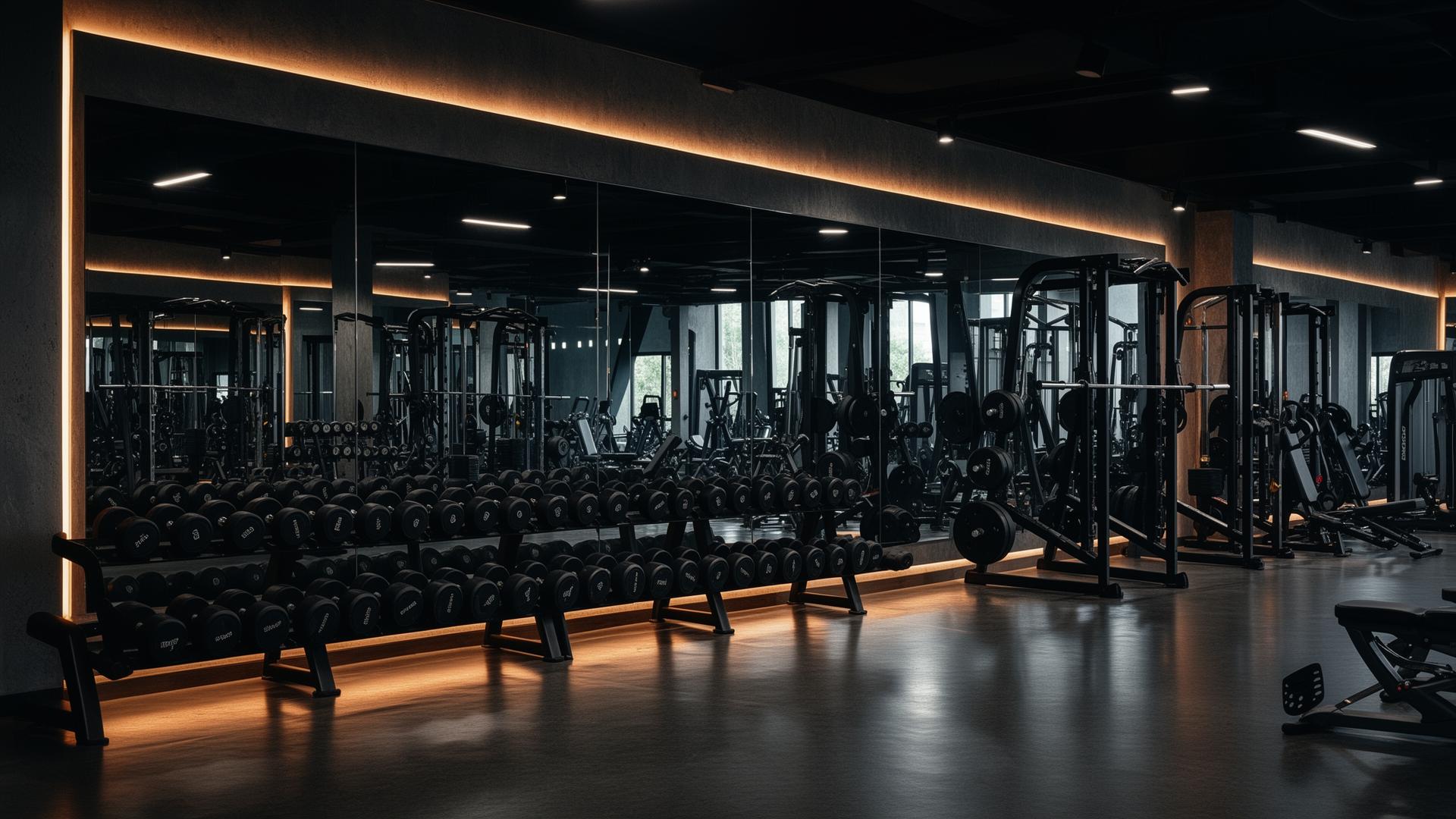 Commercial gym with full mirror wall